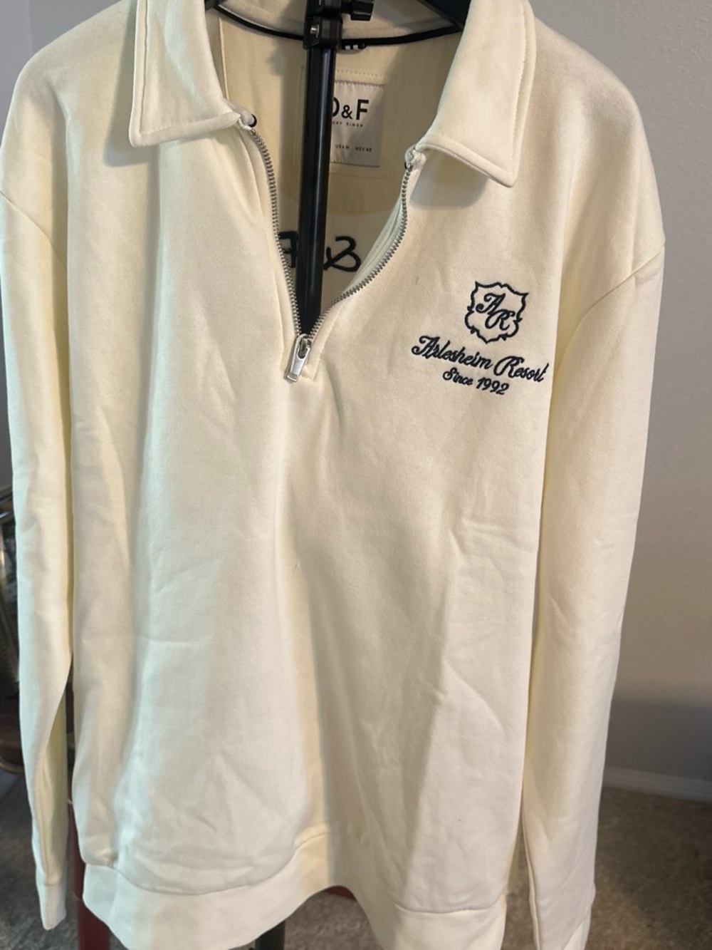 Cream Half-Zip Pullover Sweater with Embroidered Crest